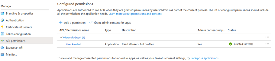 App Registration API permissions